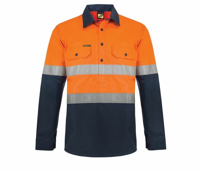 Heavy-Duty Hi-Vis Hybrid L/S Closed Front Cotton Work Shirt With Reflective Tape