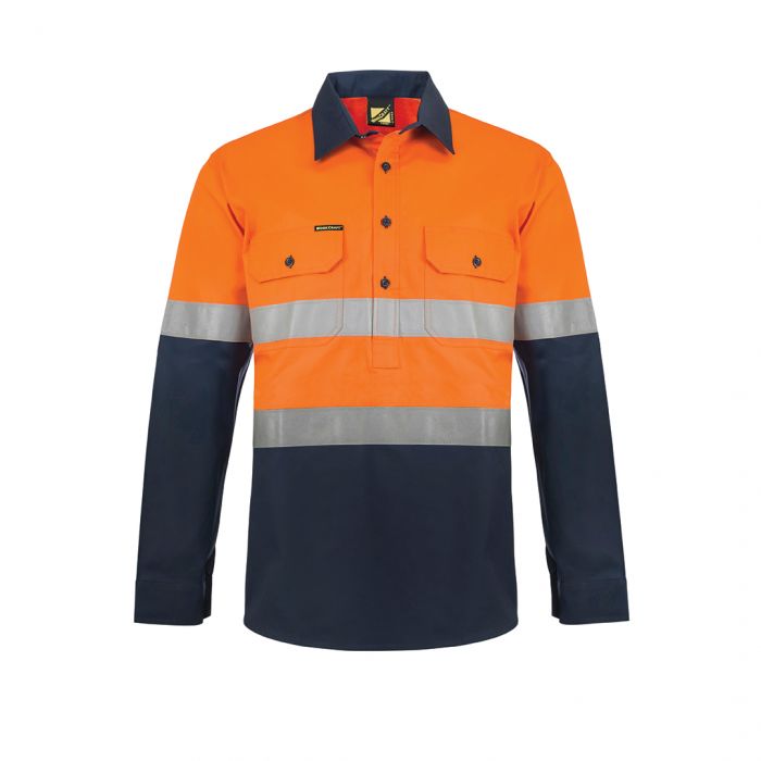 Heavy-Duty Hi-Vis Hybrid L/S Closed Front Cotton Work Shirt With Reflective Tape