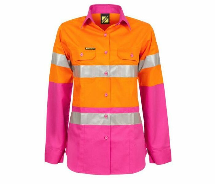Ladies Lightweight Hi-Vis L/S Vented Cotton Work Shirt With Reflective Tape